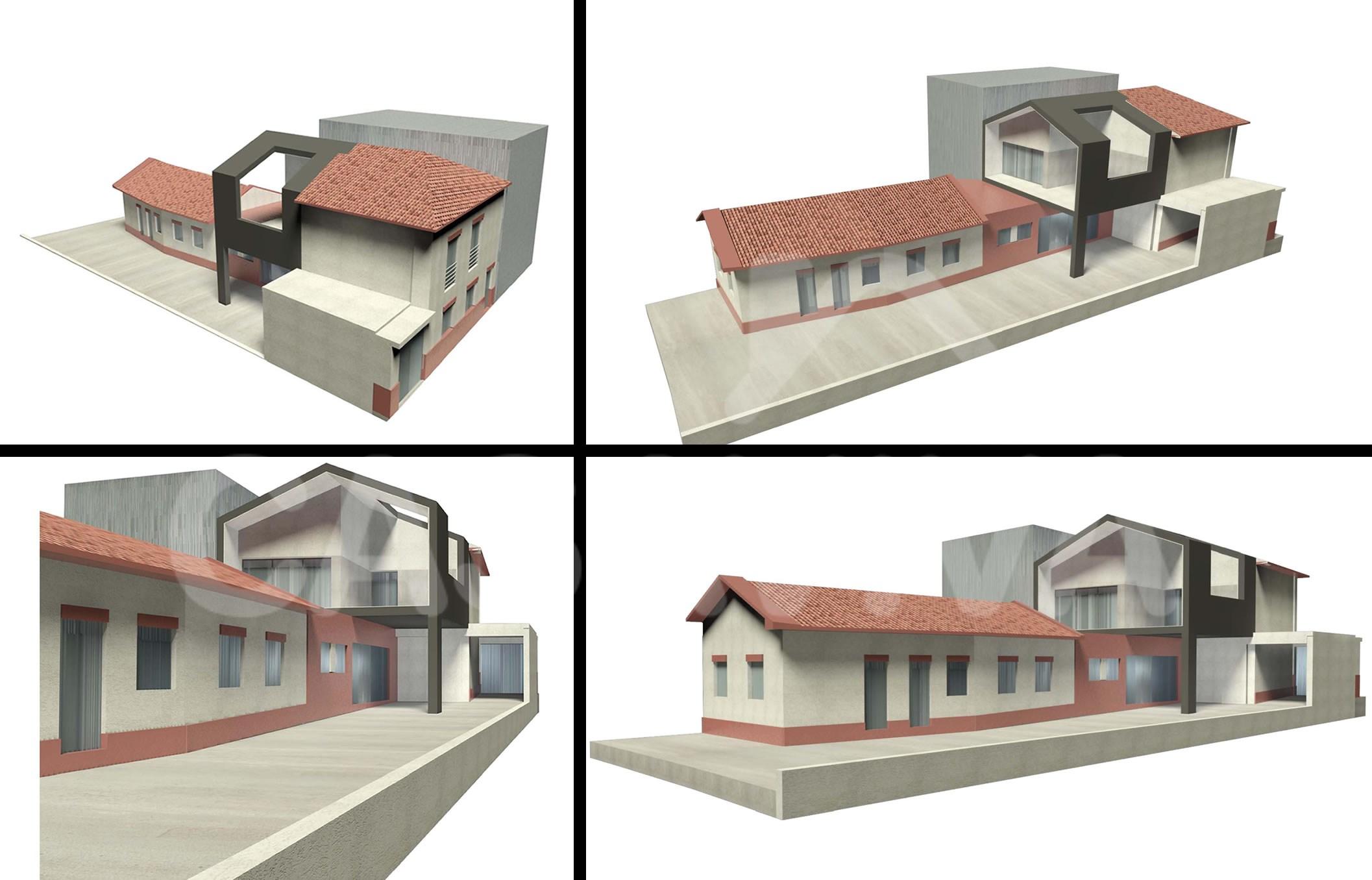 Diferentes vistas 3D da proposta de ampliao da moradia.