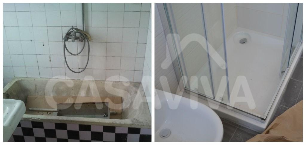 As imagens mostram o contraste entre os estados inicial e final desta casa de banho.