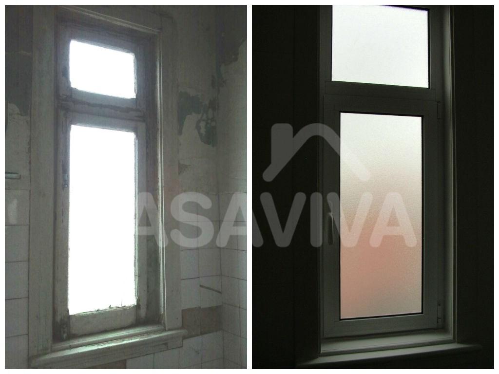 As imagens mostram o contraste entre os estados inicial e final do vo da casa de banho.